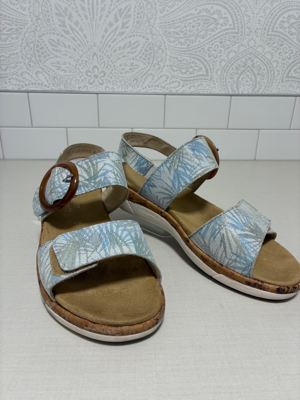Rieker Remonte Soft - Light Blue Botanical Patterned Adjustable Buckle Sandals - Picture 2 of 12